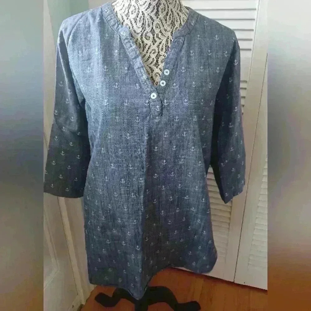 Hatley Women's Medium 100% Cotton Anchor All-over Print  Tab Sleeves Tunic
